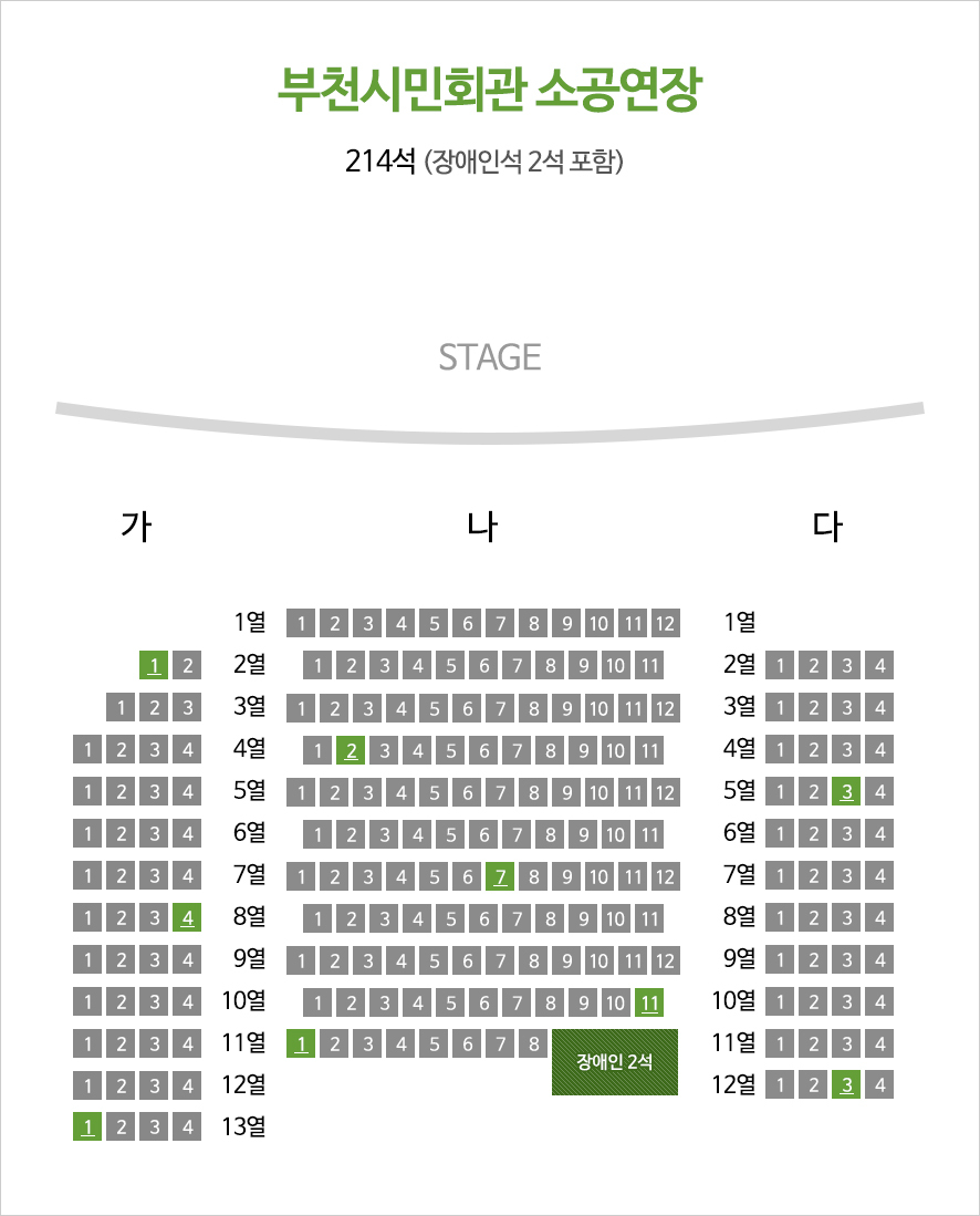 부천시민회관소공연장 좌석배치도 - 214석(장애인석 2석 포함) / 가~다열이 있으며 나열 끝줄오른편에 장애인석이 있습니다 